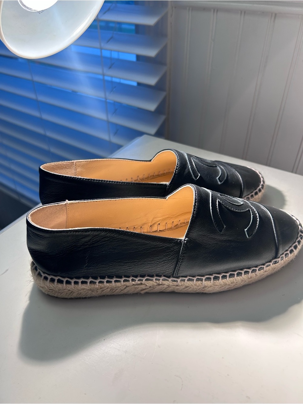 CHANEL Black Leather Logo Espadrille Slip-Ons - Picture 4 of 6